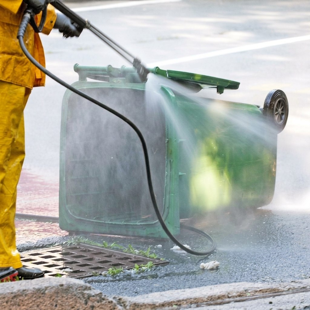 A wheelie bin tipped on its side being pressure-washed clean