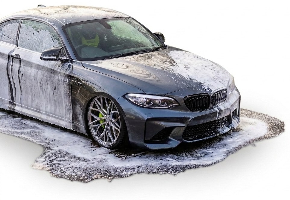 A car covered in thick shampoo suds mid hand-wash