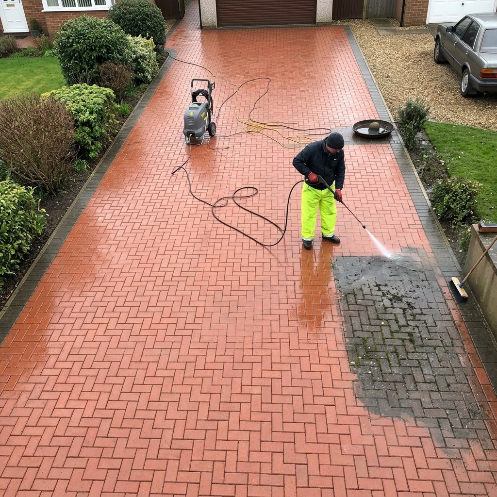 A pressure washer clearing grime from a block-paved driveway, half clean and half still dirty