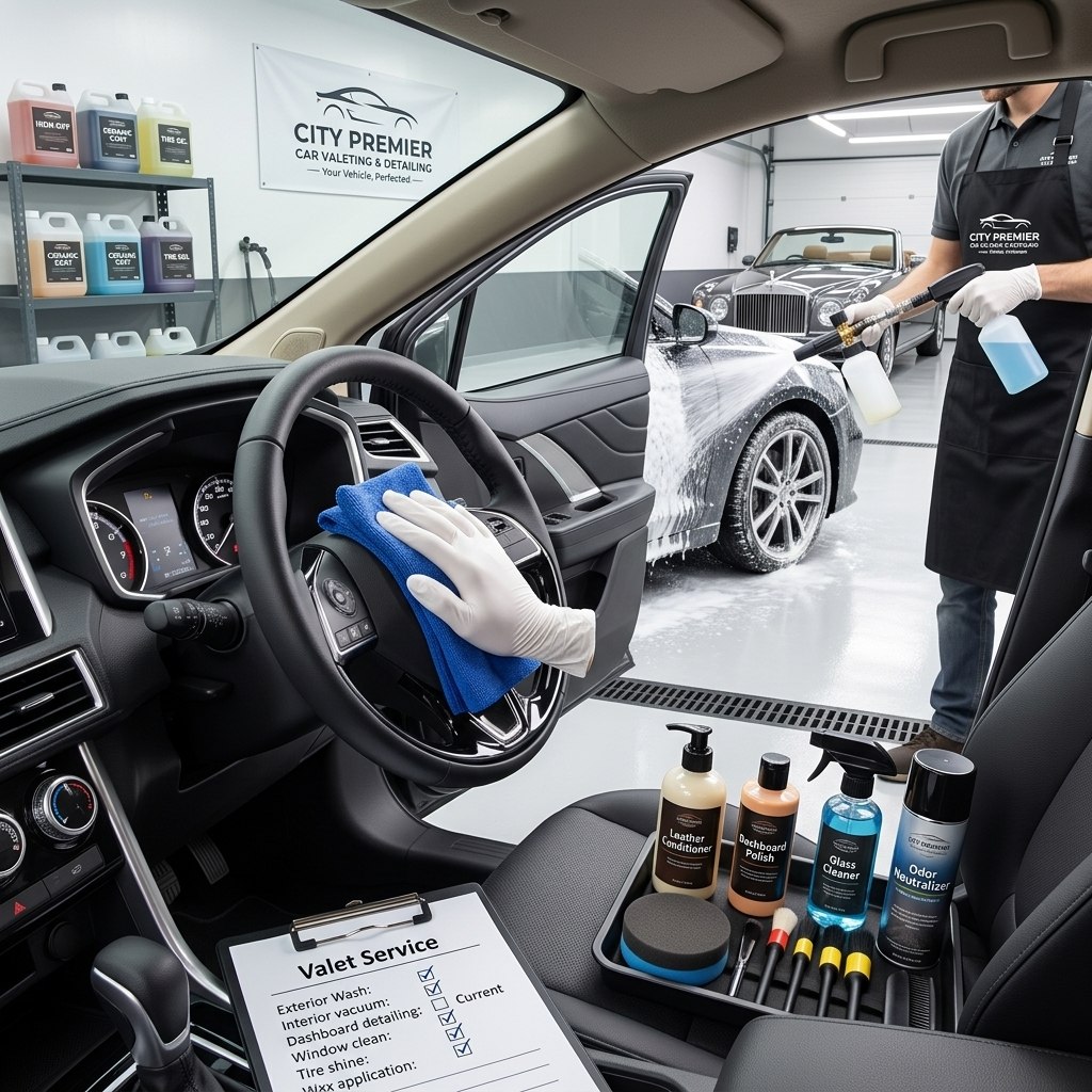 A gloved hand wiping down a car's steering wheel and dashboard during an interior valet, with the exterior wash visible through the open door