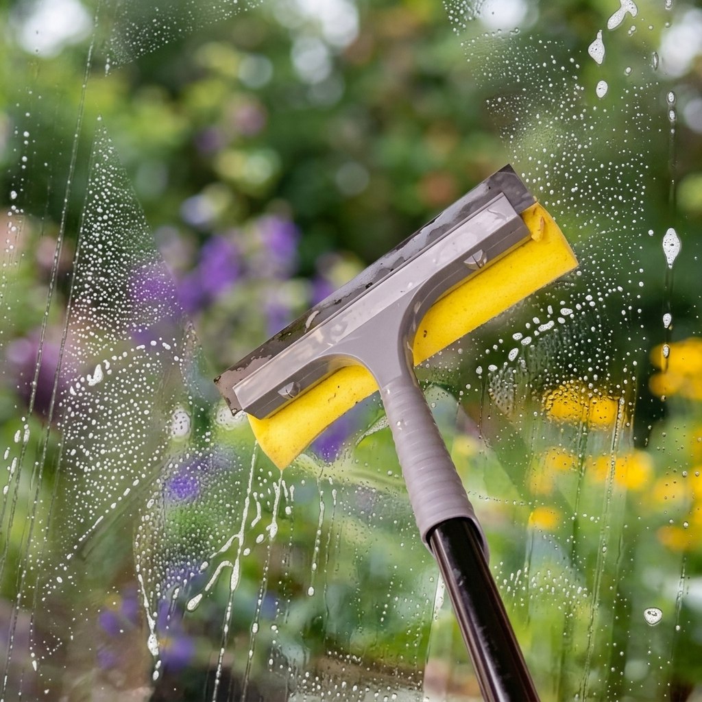 A squeegee clearing a streak-free path across a wet window pane